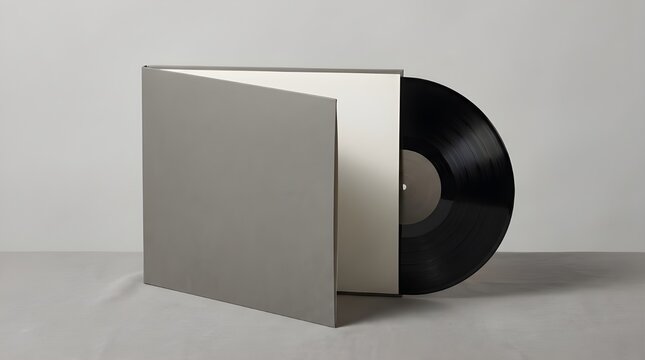 Vinyl record emerging from a sleek, silver Mockup For Branding sleeve on a grey surface, capturing Music and Media in a minimalist setting.