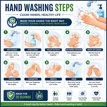 Hand washing steps infographic showing correct hygiene procedure with soap and water to prevent germs and virus spread