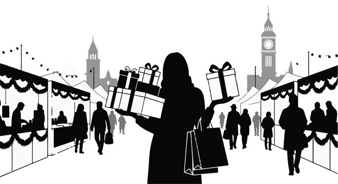 Joyful shopper carries many wrapped gifts at a festive outdoor market with stalls and clock tower in background