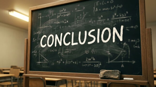 Chalkboard with conclusion written in classroom setting for educational presentation or business meeting