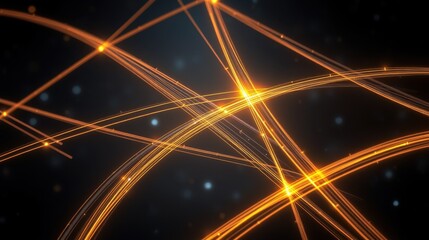 Fototapeta premium Abstract lines intersect, creating bright golden glow against dark background. Energy flows, forming complex network. Futuristic design.