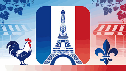 Vibrant illustration of French culture featuring the Eiffel Tower, a rooster, and a fleur-de-lis against a backdrop of Parisian street scenes. © nebo