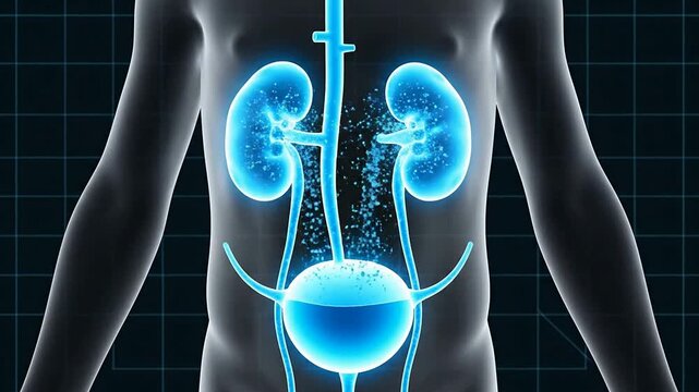 Pediatric Kidney Health Scan Digital Illustration?Showcasing Transparent Abdomen with Urinary System Visual Effects in Medical Imaging