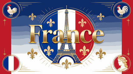 A vibrant illustration celebrating France, featuring the Eiffel Tower, the French flag, roosters, and fleur-de-lis. © nebo