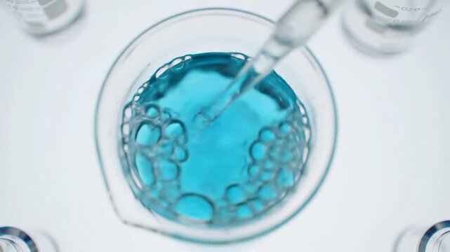 Precise Dispensing of Blue Liquid into Beaker Using Pipette in Modern Laboratory Environment, Isolated on Clean White Background