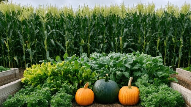 Raised garden bed with fresh green lettuce kale and herbs growing in front of tall healthy corn stalks under natural sunlight with three pumpkins on wooden edge