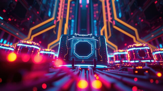 Futuristic digital space. Neon lights create vibrant patterns. Complex circuitry dominates view, suggesting technology focus. Dark background enhances glow.