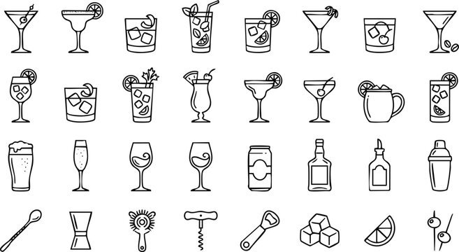 Hand-drawn outline icons set of cocktails alcoholic drinks bar tools collection cocktails glassware