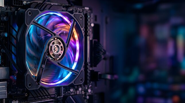 Glowing RGB computer cooling fan installed on a motherboard inside PC case