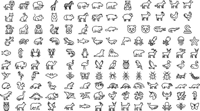 Hand-drawn outline icons set of various animals wildlife fauna collection with wildlife reptiles collection