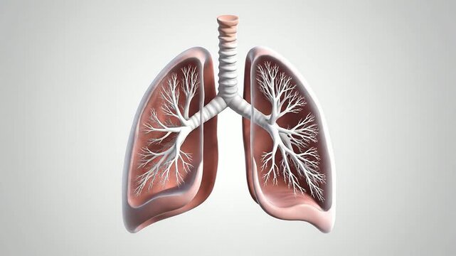 Realistic 3D Rendering of Human Lungs Anatomy with Detailed Bronchial Structure on Plain Gray Background
