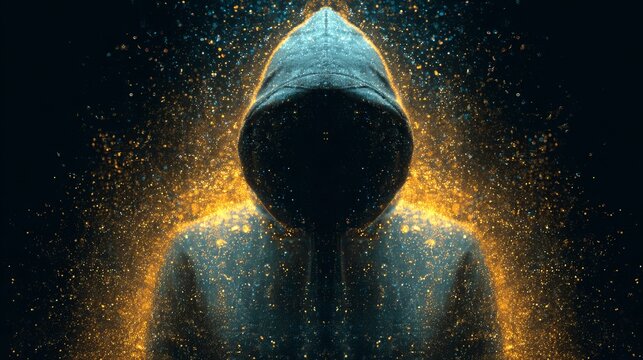 A mysterious hooded figure surrounded by glowing particles in a dark environment