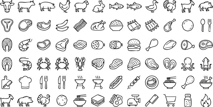 Outline icons of butchery fish poultry bbq restaurant food collection with meal prep butchery barbecue