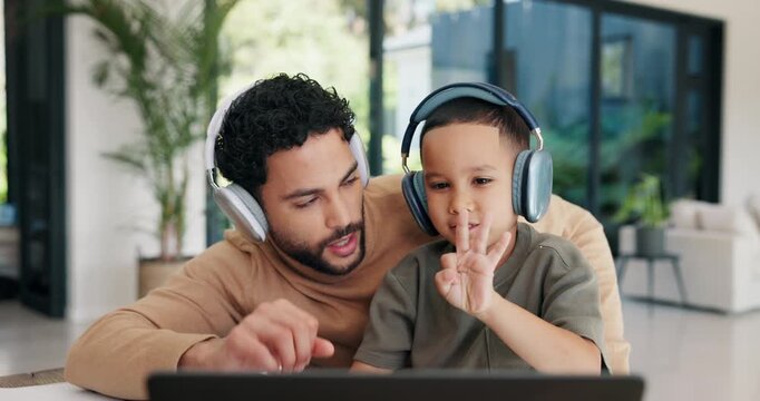 Child, dad or and teaching in home for count, numbers and math with online learning. Laptop, headphones and family or man helping kid with homework, homeschool and remote education for development