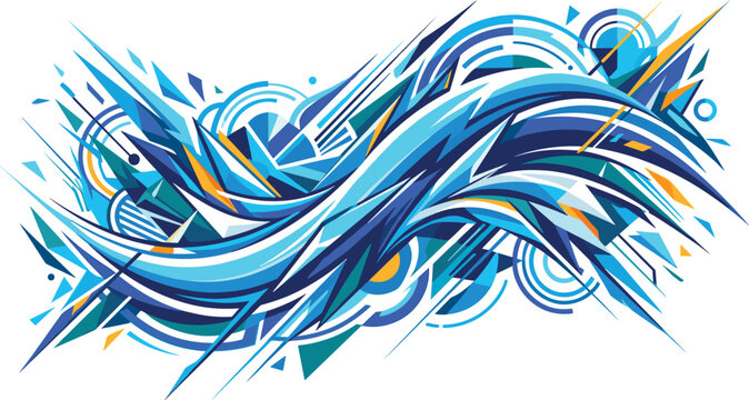 Abstract dynamic graffiti background vector illustration with sharp geometric shards blue waves and circular urban art elements