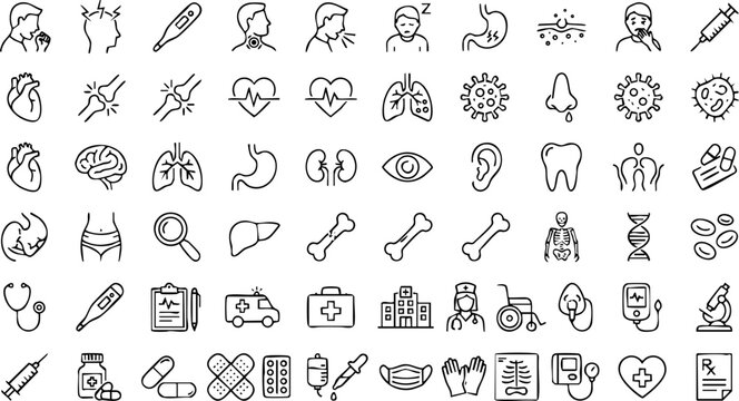 Human body icons set featuring organs health medical science first aid microscope treatment hospital