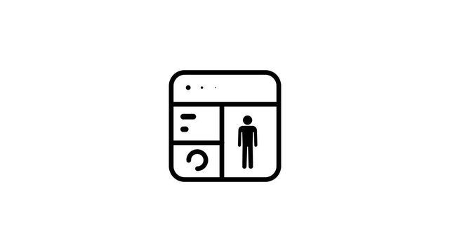 A line icon showing a browser window with a bar chart and human figure symbolizing user analytics or profile statistics in a web application