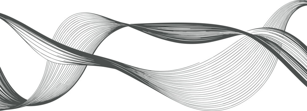 Abstract monochrome wavy ribbon vector illustration with intricate grey parallel lines and twisted fluid curves isolated on white background