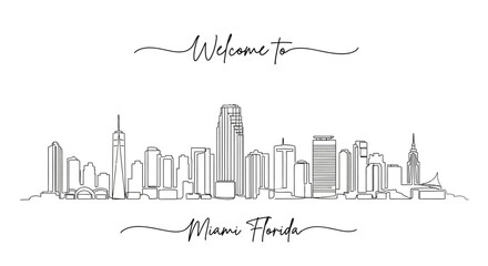 Fototapeta premium Miami Florida Skyline Line Art, Minimalist Cityscape Illustration