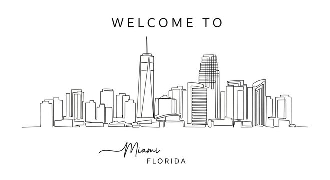 Miami Florida Skyline Line Art, Welcome to City Illustration