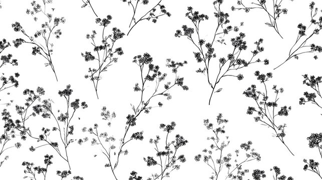 Minimal seamless small floral line pattern with thin botanical vines, leaves and flowers on white background Stock Illustration
