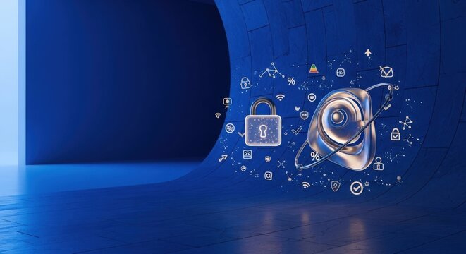 Futuristic e-voting governance hall with floating padlock and ballot icons