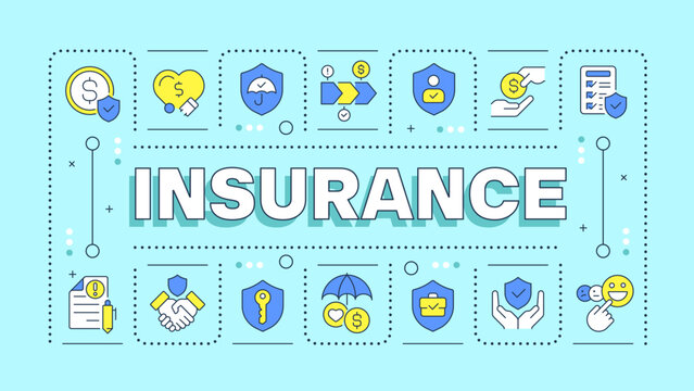 Insurance cyan word concept. Modern risk mitigation. Smart coverage solutions and asset protection. Typography banner. Vector illustration with title text, editable icons color. Hubot Sans font used