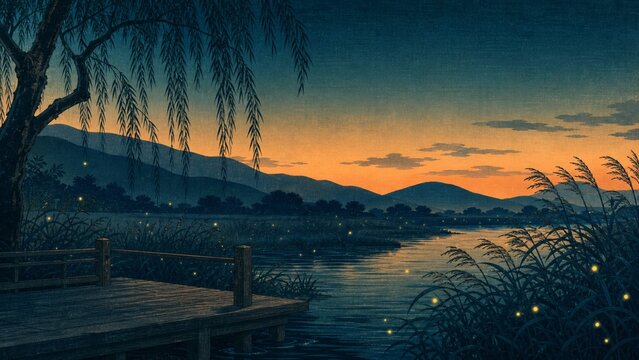 Vintage Japanese Firefly River Travel Poster