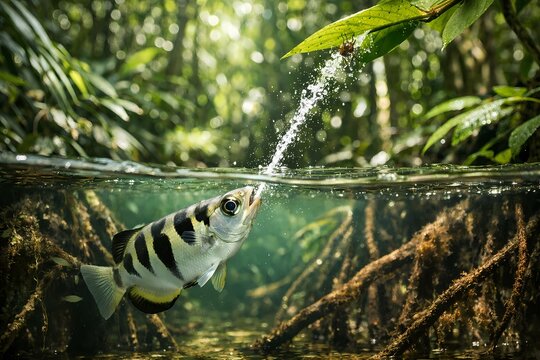 High quality digital illustration of an archerfish shooting water at a bug. This striking visual is suitable for nature blogs biology textbooks and aquatic wildlife advertising media.