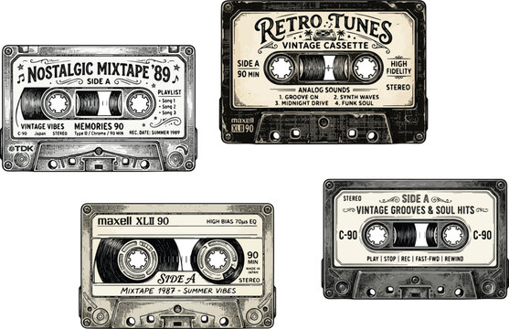 Retro Cassette Tape Hand Drawn Isolated