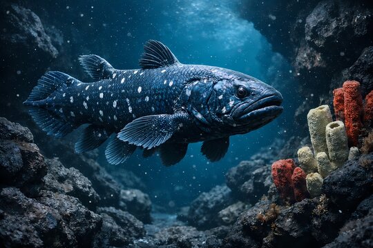 High resolution photorealistic digital art of an ancient coelacanth fish swimming in a dark cave. This fascinating image is ideal for marine biology articles and evolutionary science blogs.