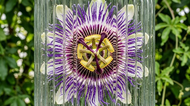 Detailed view of a purple passion flower blooming with green foliage passionflower botanical delicate distortion abstract artistic