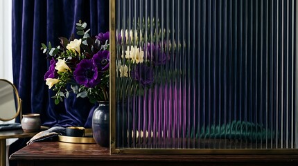 Obraz premium Interior scene with dark velvet curtains and a vase of purple and yellow flowers viewed through a fluted glass panel interior luxurious