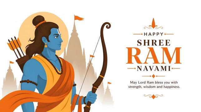 Blue Lord Rama with Bow and Quiver in Front of Temple Silhouettes
