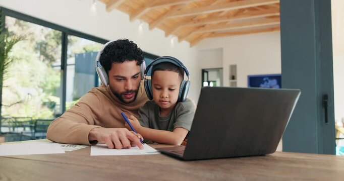 Teaching, dad and kid in home for online learning, writing and language development. Headphones, laptop and family or man helping with child for education, listening to audio and practice on paper