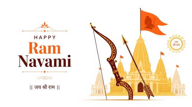 Colorful Ram Navami Greeting with Temple and Bow and Arrow