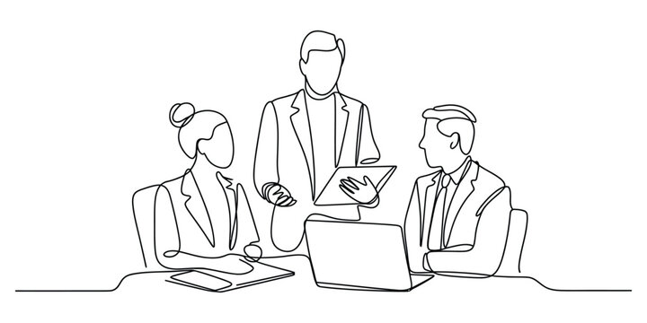 Business team having a meeting with laptop line drawing