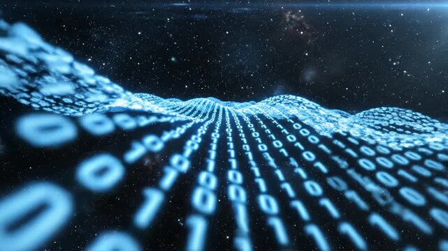 Binary code wave in space representing smart infrastructure and data-driven solutions