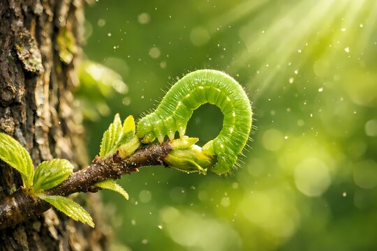 Bright green inchworm caterpillar looping its body on a small tree branch. High resolution nature photography perfect for spring themes and growth concepts.