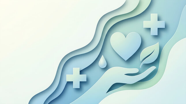 Abstract 3D paper cut healthcare and wellness background with copy space