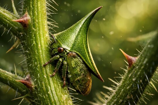 Green thorn bug treehopper camouflaged on a thorny plant stem. Extremely detailed macro photography perfectly suited for insect studies and nature projects.