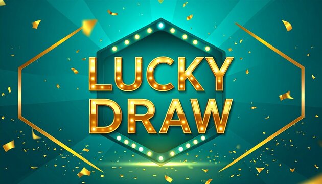 Festive teal background with glowing marquee lucky draw text