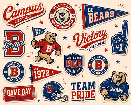 Vintage college sports badges and pennants featuring bear mascots, team pride slogans, and the letter B in red and blue colors.