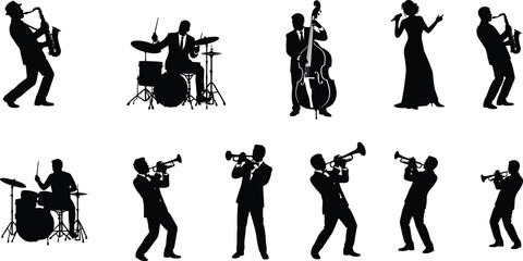 Jazz Musician Silhouette Collection Featuring Saxophone Trumpet Drums and Vocal Performance Artists Isolated on Minimal Background Illustration © MdShahin