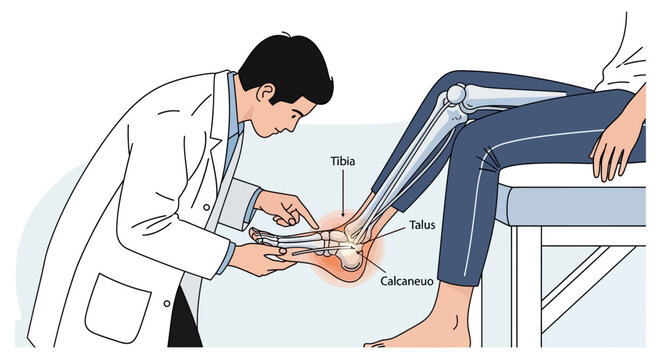 Medical illustration: Doctor examining patient's ankle bones, medical concept