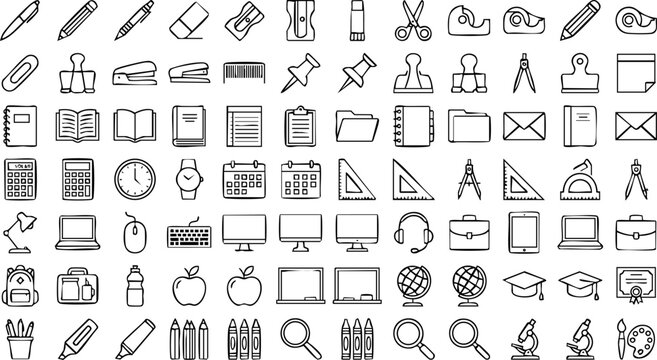 Assortment of hand-drawn office and school supplies icons vector illustration light bulb triangle ruler