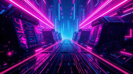 Fototapeta premium Futuristic corridor glows with vibrant neon lights. Dark walls frame intense blue, pink illumination creating dramatic perspective. Complex geometry dominates space.