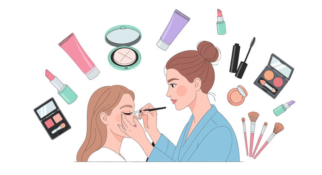 Woman applying makeup to another woman with various cosmetics surrounding them.