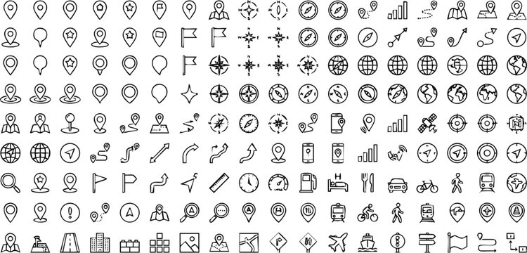 Diverse vector icons: navigation business technology social symbols collection with magnifying glass, location