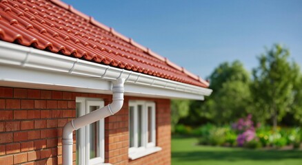 Obraz premium Gutter and downspout system for rainwater drainage on a residential brick house exterior